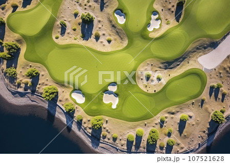 Beautiful golf course with sand bunkers with blue sky. Created with Generative AI technology. Beautiful golf course with sand bunkers with blue sky. Created with Generative AI technology. 107521628
