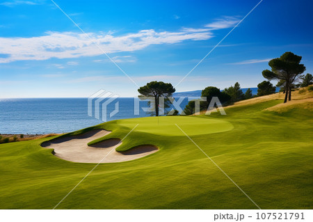 Beautiful golf course with sand bunkers with blue sky. Created with Generative AI technology. 107521791