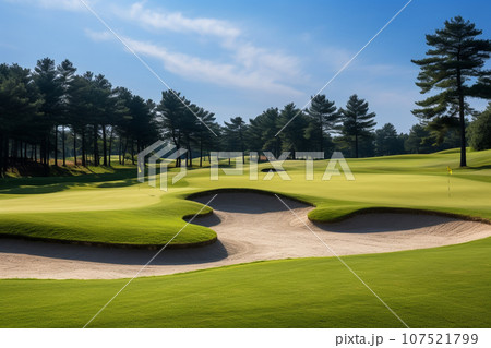 Beautiful golf course with sand bunkers with blue sky. Created with Generative AI technology. 107521799