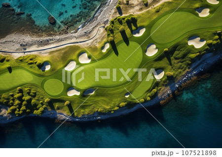 Beautiful golf course with sand bunkers with blue sky. Created with Generative AI technology. 107521898