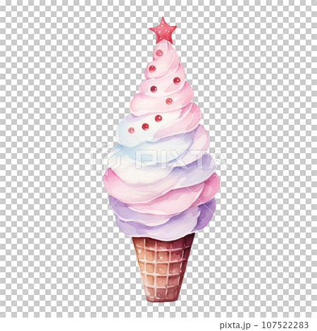 Christmas Ice Cream Cone in style watercolor.Merry Christmas and Happy new year concept. Christmas Ice Cream Cone in style watercolor.Merry Christmas and Happy new year concept. 107522283