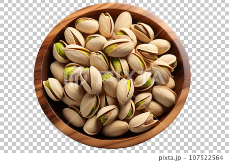 Bowl of pistachios on isolated background.Healthy and vegan concept.Created with Generative AI technology. 107522564