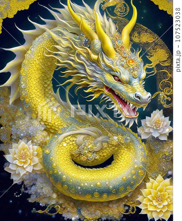 煌びやかな装飾の黄龍の開運 イラスト アート（AI生成画像） 107523038
