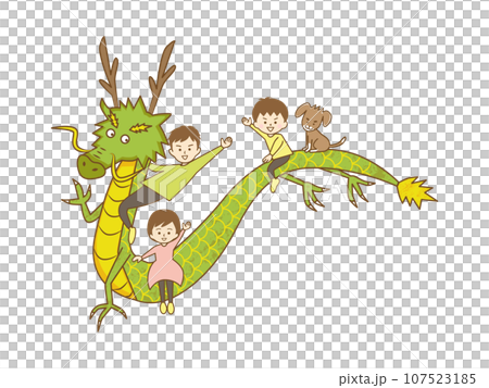 A family of three and a dog riding on the back of a dragon (no text) A family of three and a dog riding on the back of a dragon (no text) 107523185