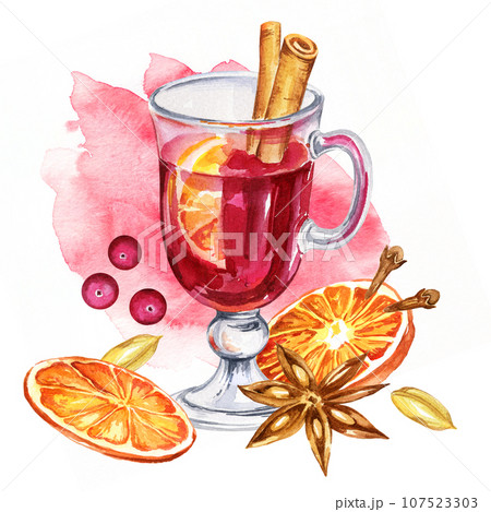 Watercolor composition with a glass of mulled red wine and ingredients, orange, cinnamon, berries, cloves, hand drawn sketch, illustration of drink isolated on gradient magenta watercolor background Watercolor composition with a glass of mulled red wine and ingredients, orange, cinnamon, berries, cloves, hand drawn sketch, illustration of drink isolated on gradient magenta watercolor background 107523303