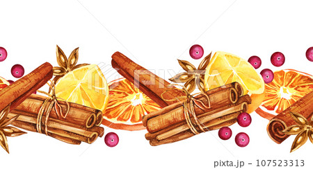 Watercolor seamless border with orange, cinnamon, berries and spices, hand drawn sketch, food illustration of drink isolated on white background 107523313