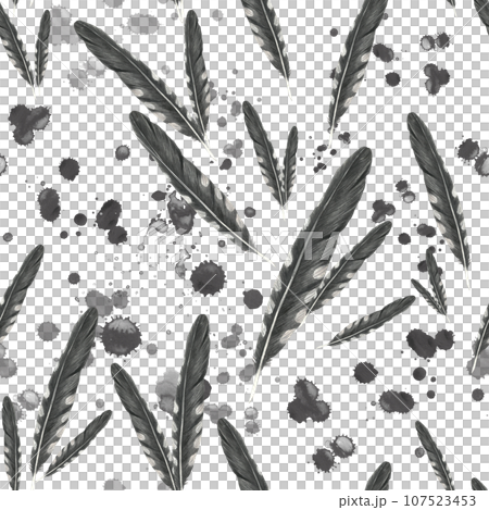 Seamless pattern watercolor illustrations of cuckoo feathers and ink spots. Isolated on a transparent background, hand-drawn. Seamless pattern watercolor illustrations of cuckoo feathers and ink spots. Isolated on a transparent background, hand-drawn. 107523453