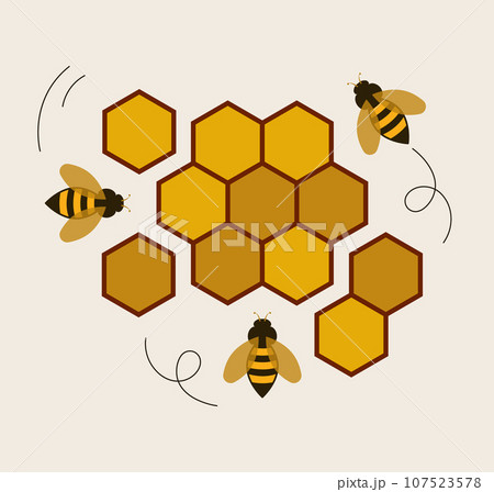 Honeycomb and bees on white background vector illustration. 107523578