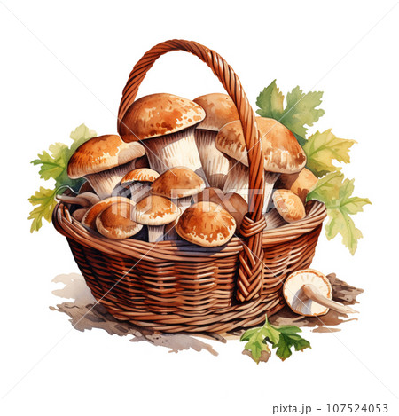 秋の味覚　かご盛りキノコの水彩イラスト　AI画像 107524053