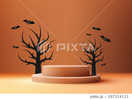 Halloween Theme Product Display 3D Orange Podium with Black Dead Tree and Bats 107524111