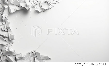 A broken wall on a white background with a 3D effect. The wall is white and has jagged pieces. The pieces are scattered on the left side of the image. The background is white and fades to gray. A A broken wall on a white background with a 3D effect. The wall is white and has jagged pieces. The pieces are scattered on the left side of the image. The background is white and fades to gray. A 107524241