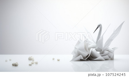 A white origami swan on a white background with white balls. The swan is made of folded paper and has a long neck and a beak. The balls are small and round. The background is white and fades to gray 107524245