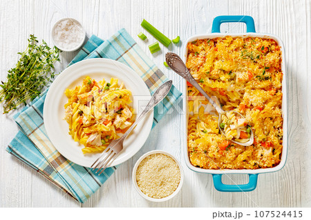 Chicken Pot Pie Fusilli pasta Bake in baking dish Chicken Pot Pie Fusilli pasta Bake in baking dish 107524415