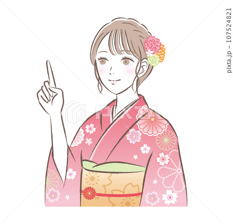 指差しポーズをする着物・振袖姿の華やかな若い女性のイラスト　成人式/お正月 107524821