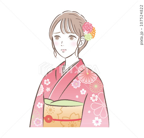 晴れ着・振袖姿で不安な表情の若い女性のイラスト 成人式/お正月 晴れ着・振袖姿で不安な表情の若い女性のイラスト 成人式/お正月 107524822