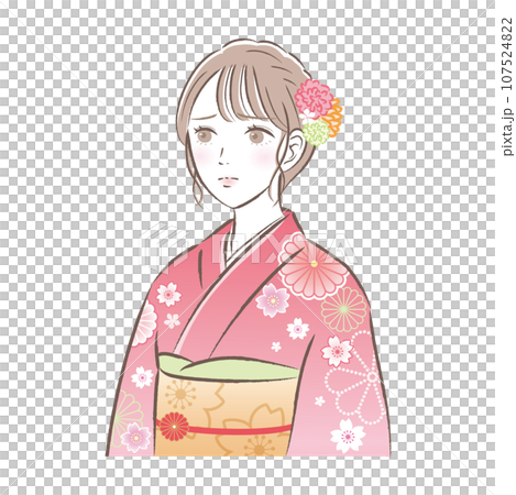 Illustration of a young woman wearing traditional Japanese kimono and long-sleeved kimono with an anxious expression. Coming-of-age ceremony/New Year's Illustration of a young woman wearing traditional Japanese kimono and long-sleeved kimono with an anxious expression. Coming-of-age ceremony/New Year's 107524822