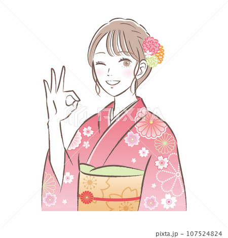 OKポーズをする着物・振袖姿の華やかな若い女性のイラスト 成人式/お正月 OKポーズをする着物・振袖姿の華やかな若い女性のイラスト 成人式/お正月 107524824