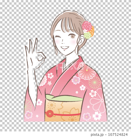 Illustration of a gorgeous young woman in a kimono or long-sleeved kimono doing an OK pose. Coming-of-age ceremony/New Year's Day Illustration of a gorgeous young woman in a kimono or long-sleeved kimono doing an OK pose. Coming-of-age ceremony/New Year's Day 107524824