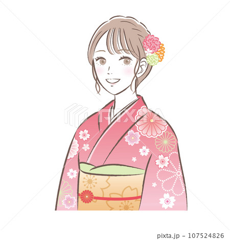 晴れ着・振袖姿で笑顔の若い女性のイラスト 成人式/お正月 晴れ着・振袖姿で笑顔の若い女性のイラスト 成人式/お正月 107524826