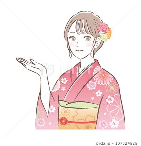 こちらにポーズをする着物・振袖姿の華やかな若い女性のイラスト　成人式/お正月 107524828