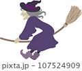 紫の服で箒に乗って空を飛ぶ悪い魔女のかわいいおしゃれなベクターイラスト 左向き 107524909