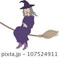 指を立て箒で空を飛ぶ紫の服の魔女のかわいいおしゃれなベクターイラスト 左向き 107524911