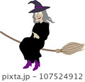 指を立て箒で空を飛ぶ黒い服の魔女のかわいいおしゃれなベクターイラスト 左向き 107524912