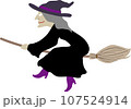 黒い服で箒に乗って空を飛ぶ悪い魔女のかわいいおしゃれなベクターイラスト 107524914