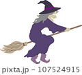 紫の服で箒に乗って空を飛ぶ悪い魔女のかわいいおしゃれなベクターイラスト 右向き 107524915