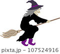 黒い服で箒に乗って空を飛ぶ悪い魔女のかわいいおしゃれなベクターイラスト 右向き 107524916