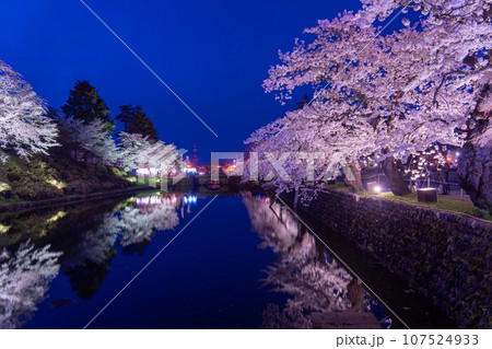 山形県米沢市 春のライトアップされた米沢城址のお堀と満開の桜 山形県米沢市 春のライトアップされた米沢城址のお堀と満開の桜 107524933