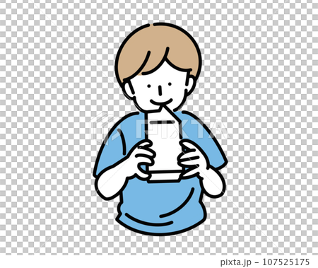 男孩從紙包裡喝果汁 107525175