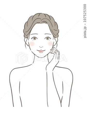 お肌を触る笑顔の女性 美容スキンケアイメージイラスト 107525300