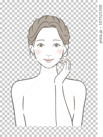お肌を触る笑顔の女性 美容スキンケアイメージイラスト 107525300