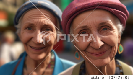 Happy elderly women twin sisters in caps are standing on the street, looking at the camera 107525307