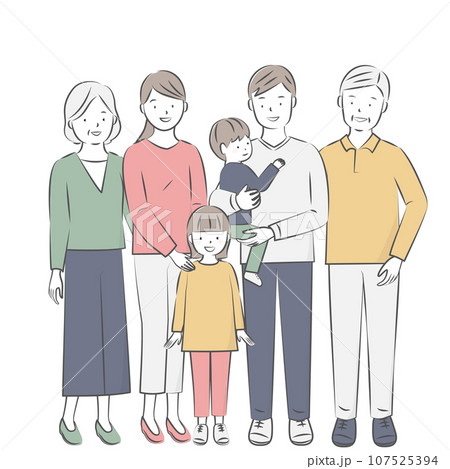 祖父、祖母、父、母、子供2人の3世帯ファミリー 祖父、祖母、父、母、子供2人の3世帯ファミリー 107525394