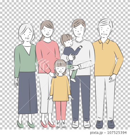 祖父、祖母、父、母、子供2人の3世帯ファミリー 祖父、祖母、父、母、子供2人の3世帯ファミリー 107525394