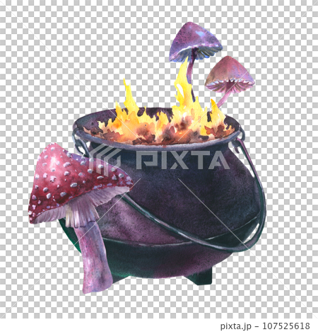 Watercolor Witch Cauldron with Fly agaric and toxic mushrooms. Hand painted illustration of Caldron with fire for Halloween clip art. Isolated sketch on white background 107525618