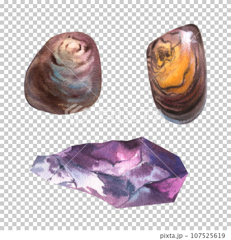 Watercolor Natural Gemstones collection agat, jasper, amethyst. Hand drawn illustration isolated on white background 107525619