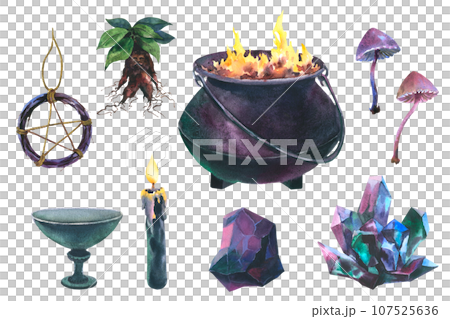 Watercolor magic elements, Witch Cauldron, candle, pentagram symbol and crystal. Hand painted illustration of Caldron with fire for Halloween clip art. Isolated sketch on white background. 107525636