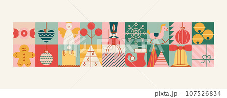 Christmas seamless block banner with toys, balls, star, angel, tree, candy. Vintage style border. 107526834