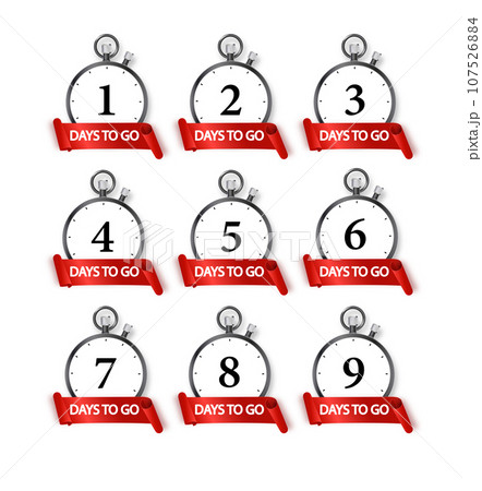 1 days to go icon set. Countdown of days remaining. Offer timer sticker limited to a few days. Vector 107526884
