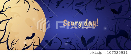 Scary day. Halloween poster. Moon and flying bats. Dark sky. Night stars. Bare tree branches. October holiday. Spooky landscape. Horror and fear. Twilight at creepy cemetery. Vector background design 107526931
