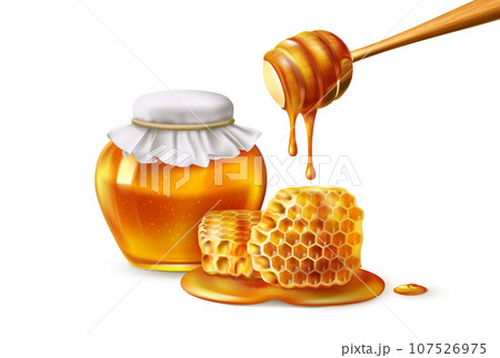 Honey jar and honeycomb. 3D bee comb. Wooden dipper with falling sweet liquid drops. Glass pot. Honeybee gold syrup. Beeswax drip. Beekeeping nectar product. Vector realistic exact natural dessert 107526975