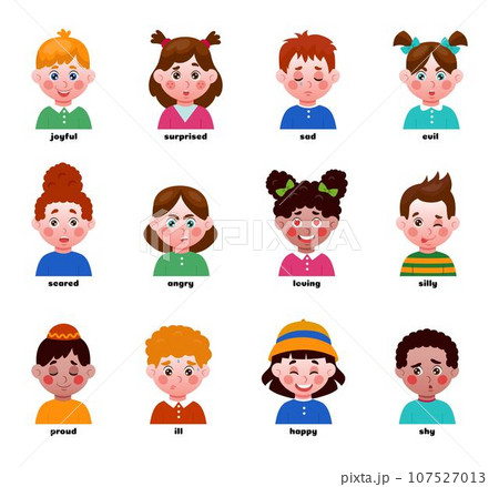 Children emotion expressions. Different cartoon faces. Angry or happy toddler head. Race diversity. Joyful girl. Sad boy. Young people portraits. Cute kids emoticons tidy clipart. Vector poster design 107527013