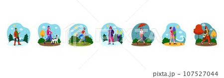 Woman walk. Seasons weather. Girl with rain umbrella. Happy young people in storm. Winter skiing. Autumn leaves falling. Stroll with dog. Summer surfing. Bike riding. Vector tidy illustrations set Woman walk. Seasons weather. Girl with rain umbrella. Happy young people in storm. Winter skiing. Autumn leaves falling. Stroll with dog. Summer surfing. Bike riding. Vector tidy illustrations set 107527044