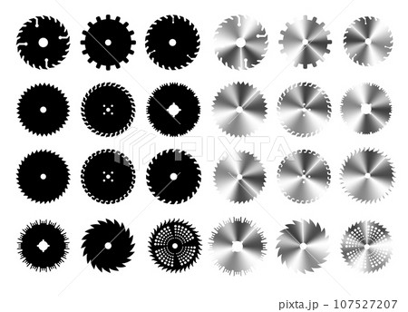 Circular saw blade. Round carpentry tool icons. Industrial rotary wheels.Vector Circular saw blade. Round carpentry tool icons. Industrial rotary wheels.Vector 107527207