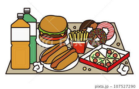 ファーストフードが散らかった食卓のイラスト 107527290