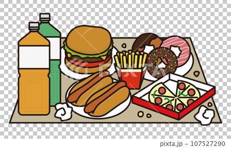 ファーストフードが散らかった食卓のイラスト 107527290