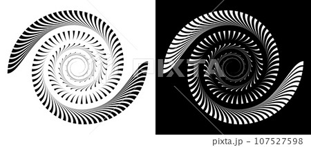 Abstract background with lines in circle. Art design spiral as logo or icon. A black figure on a white background and an equally white figure on the black side. Abstract background with lines in circle. Art design spiral as logo or icon. A black figure on a white background and an equally white figure on the black side. 107527598